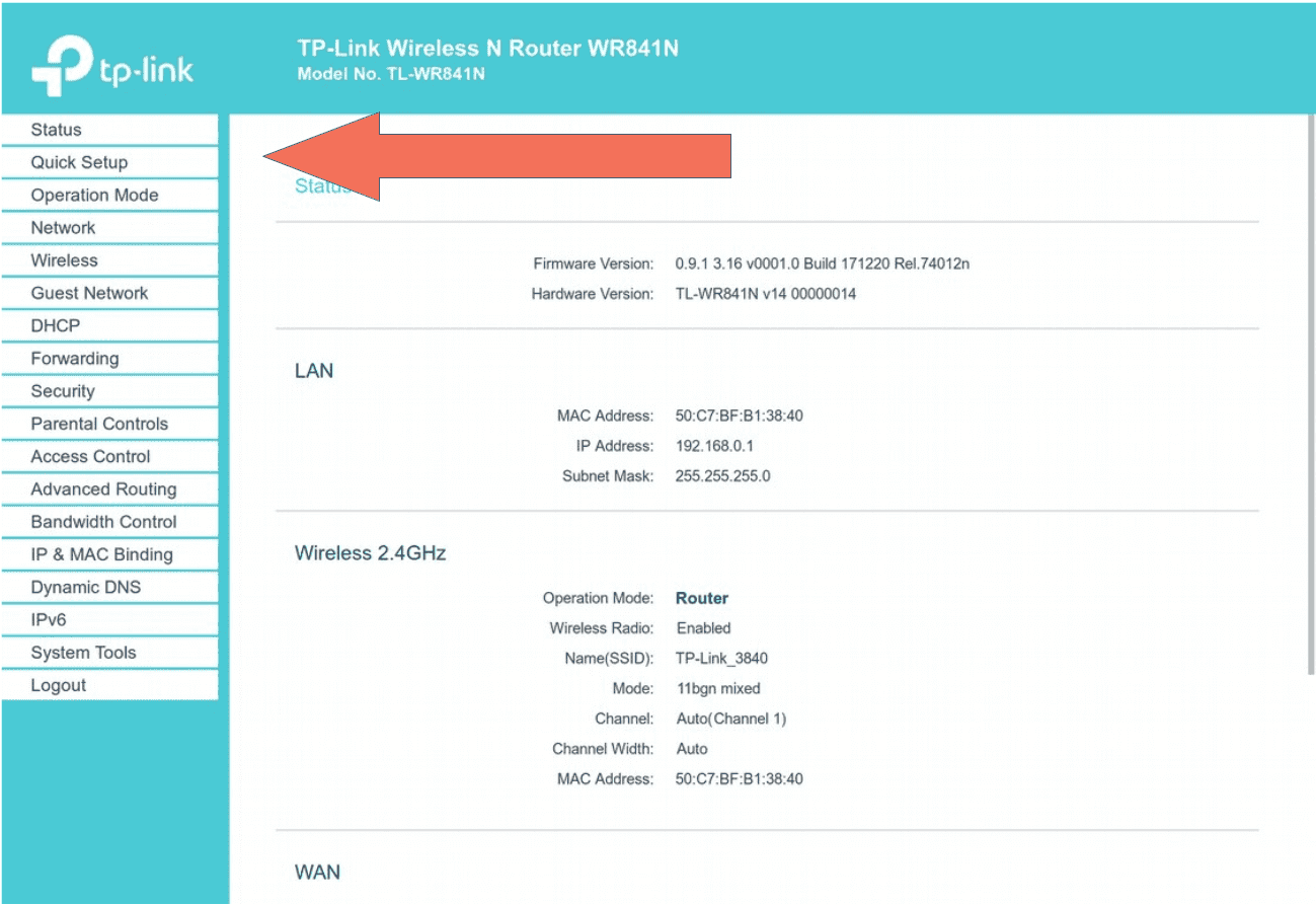 Starting page with arrow pointing at „Quick Setup“.