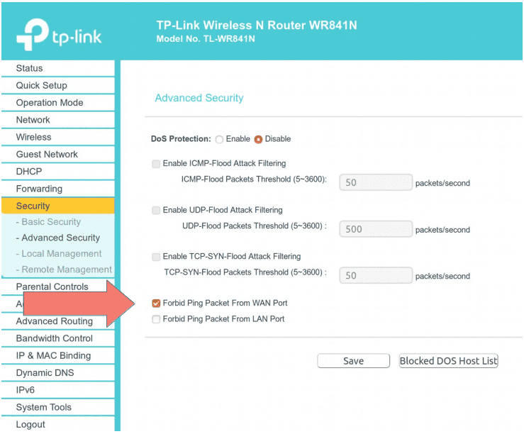 Image of the navigation mit a arrow pointing at „Forbid Ping Packet From WAN Port“.