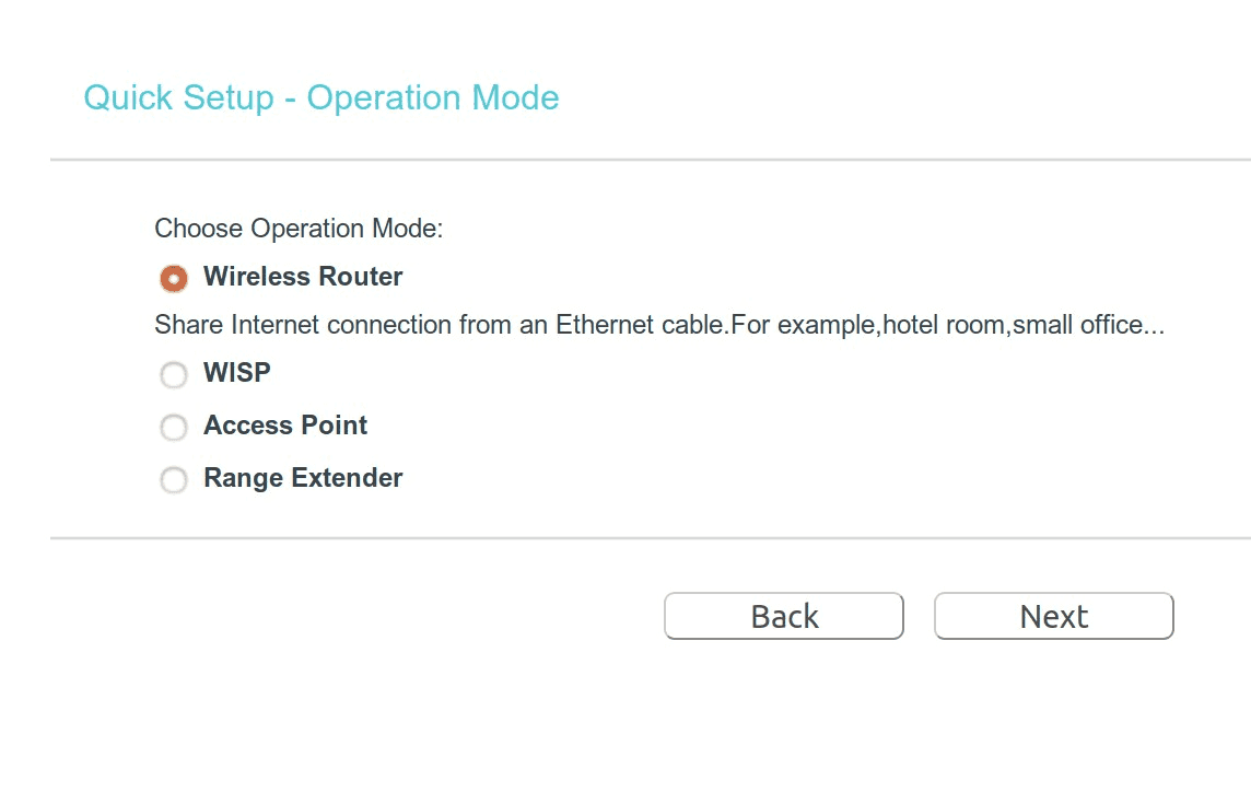 1st step in Quick Setup with "Wireless Router" option selected.